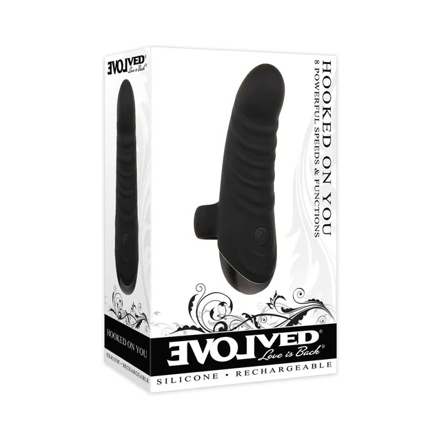 Black Evolved Hooked On You finger vibrator beside white box