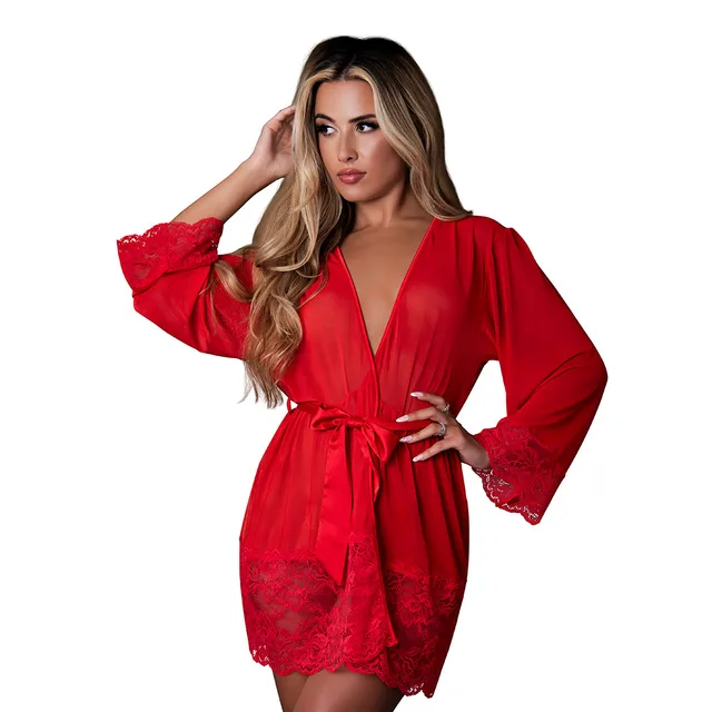 red Sugar High sheer robe with lace-trimmed sleeves and satin waist tie in L/XL