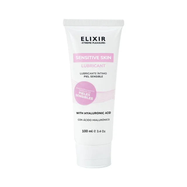 Elixir Sensitive Skin Personal Lubricant front view of squeeze tube with pink label
