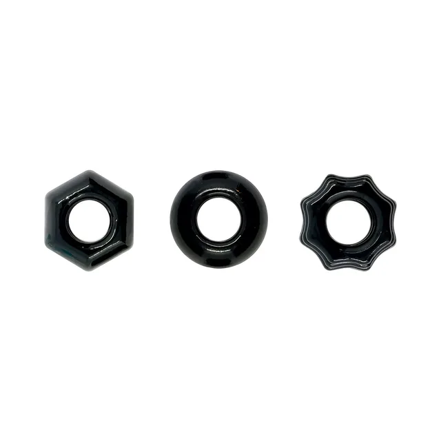 Three black Renegade Chubbies rings with faceted round and scalloped profiles