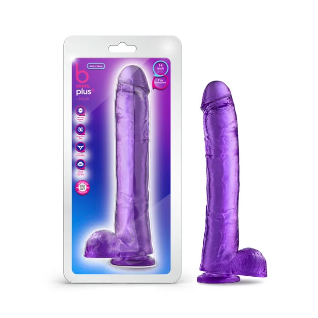 Blush B Yours Plus Hefty n Hung purple 14 inch dildo beside retail clamshell package