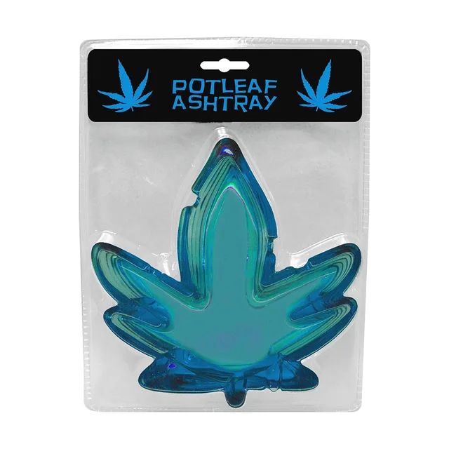 translucent blue glass cannabis-leaf ashtray in clear hanging package