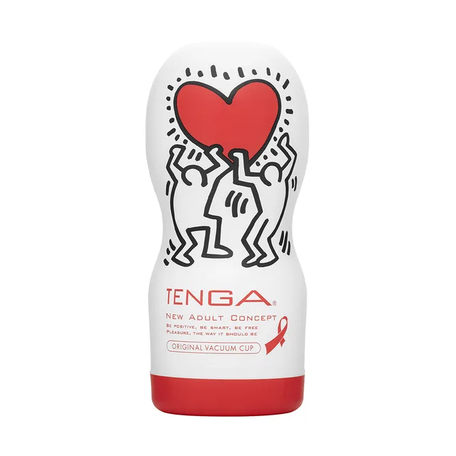 white TENGA Keith Haring Original Vacuum Cup with red heart and dancing figures