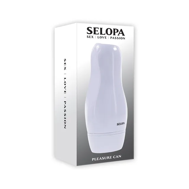 Selopa Pleasure Can white stroker pictured on tall retail box