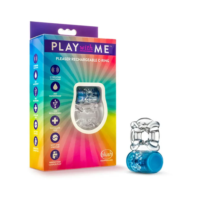 Blue Play with Me Pleaser C-ring beside rainbow retail box