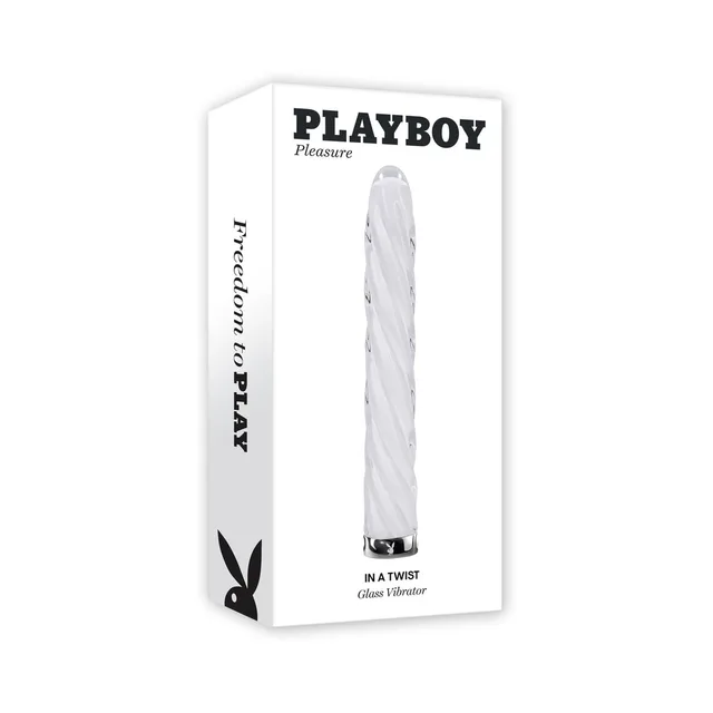 Playboy In A Twist white spiral glass vibrator in tall white retail box