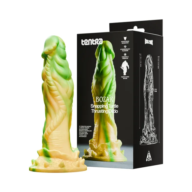 Tentra Bozar yellow and green turtle-themed dildo beside black retail box