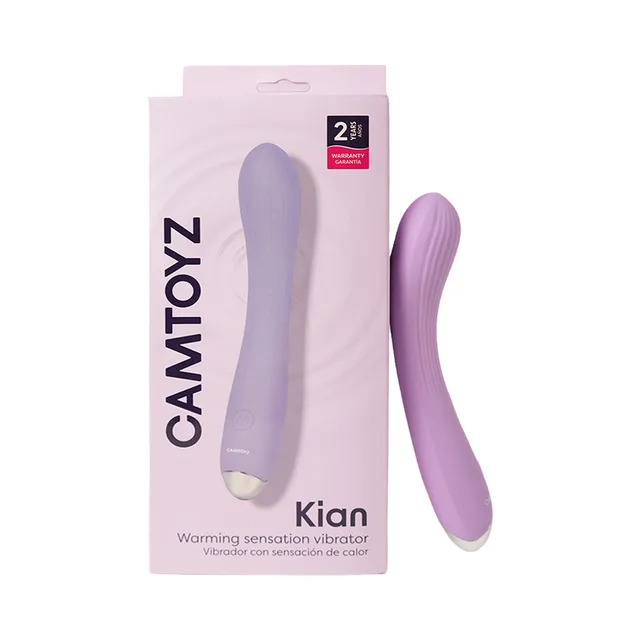Camtoyz Kian light purple vibrator beside pale purple retail box