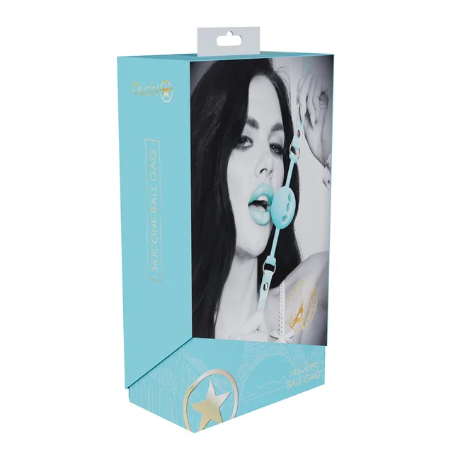 blue perforated silicone ball gag with strap pictured on aqua box