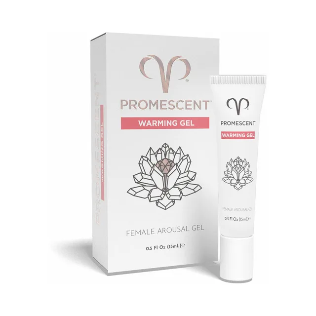 white Promescent Warming Gel 0.5 fl oz tube beside matching lotus-design carton