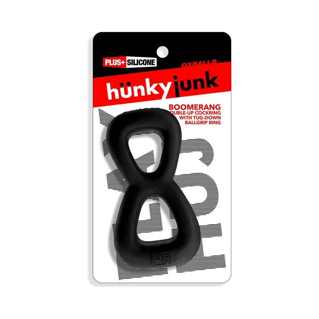 Oxballs Hunkyjunk Boomerang Black Fog double ring retail package labeled Double Cockring, Bullballs and Ballgrip Ring