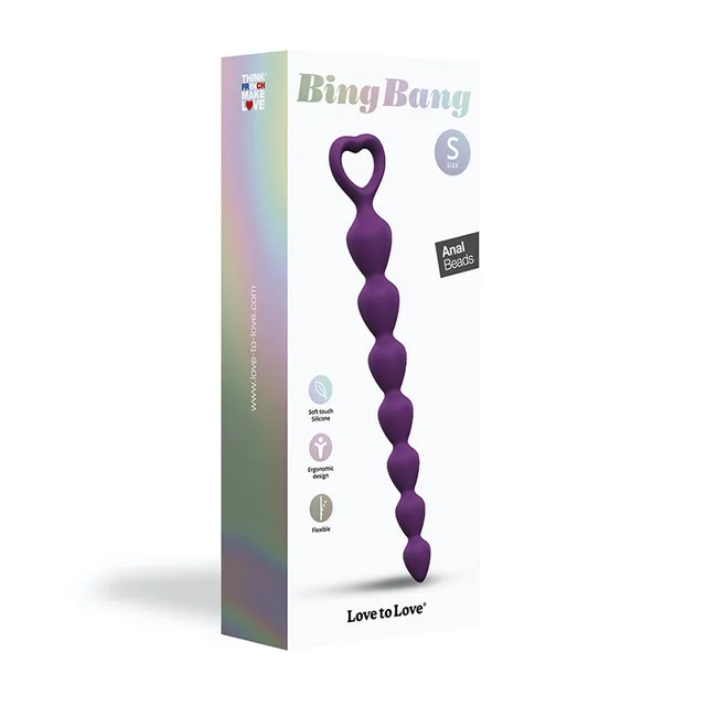 Violet small Bing Bang seven-bead strand beside tall retail box