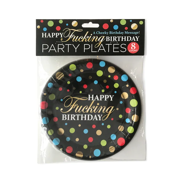 Pack of eight black Happy Fucking Birthday plates with colorful dots
