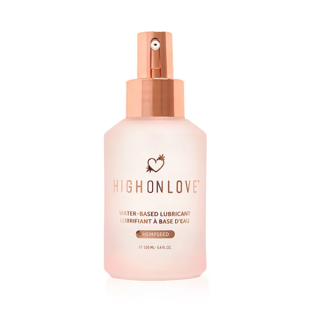 close front view of pale pink HighOnLove Hempseed lubricant pump bottle