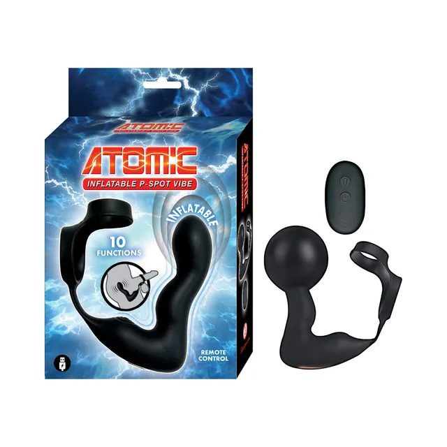 black Atomic inflatable P-spot vibrator with dual rings and oval remote beside retail box