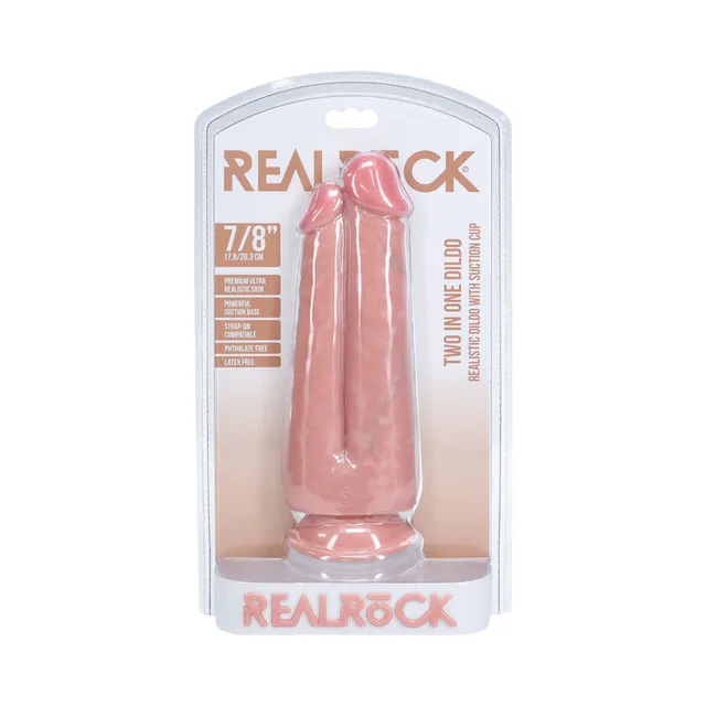 beige RealRock Two-in-One double dildo in clear retail clamshell