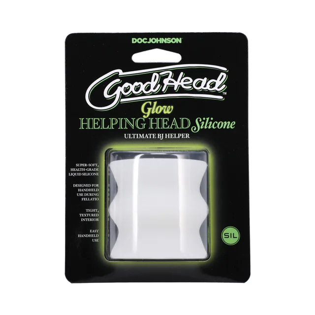 white GoodHead Glow silicone Helping Head stroker in black hanging package