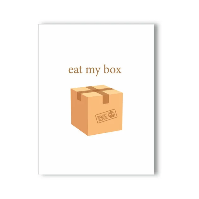 white Eat My Box NaughtyKard with orange shipping-box illustration