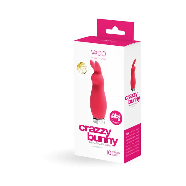 VeDO Crazzy Bunny Pretty in Pink Vibrator white pink retail carton three-quarter front