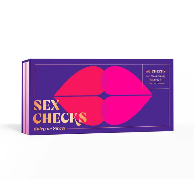 purple Sex Checks Spicy or Sweet booklet box with large pink lips graphic
