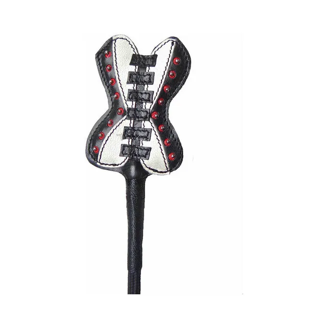 black corset-shaped crop with red studs, front lacing and braided handle
