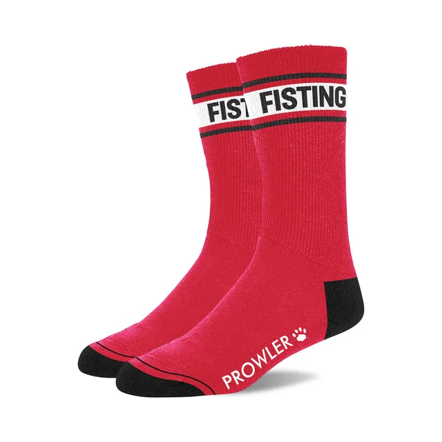 Prowler RED Fisting red cotton crew socks pair with Fisting cuff lettering black heels and black toes