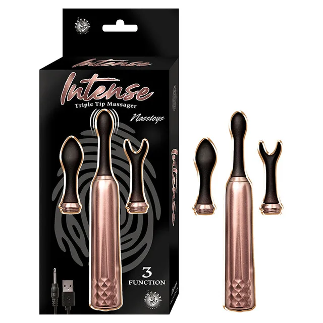 Rose gold Intense massager with three black tips beside retail box and cable