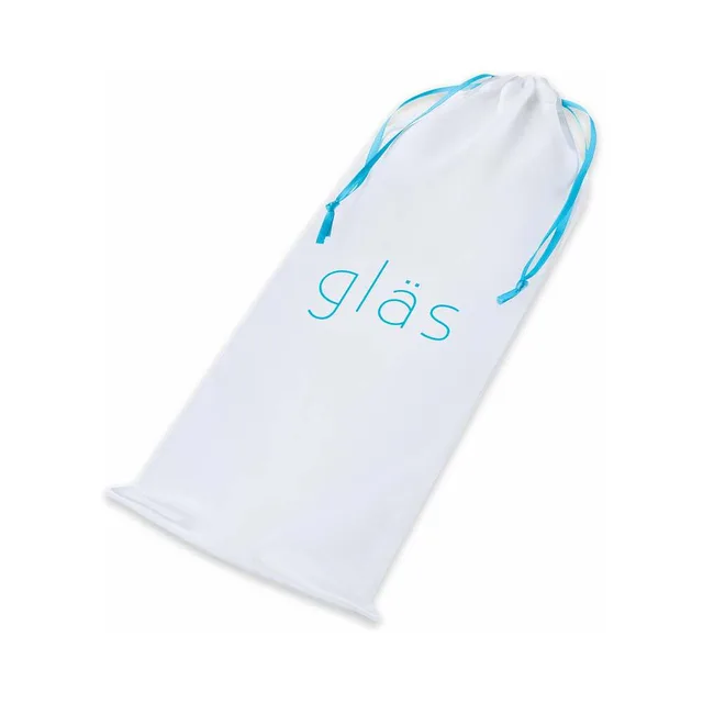 Electric Eel Glas glass dildo white drawstring storage pouch with aqua lettering and blue cord