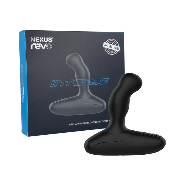 Nexus REVO Intense black massager beside blue retail box