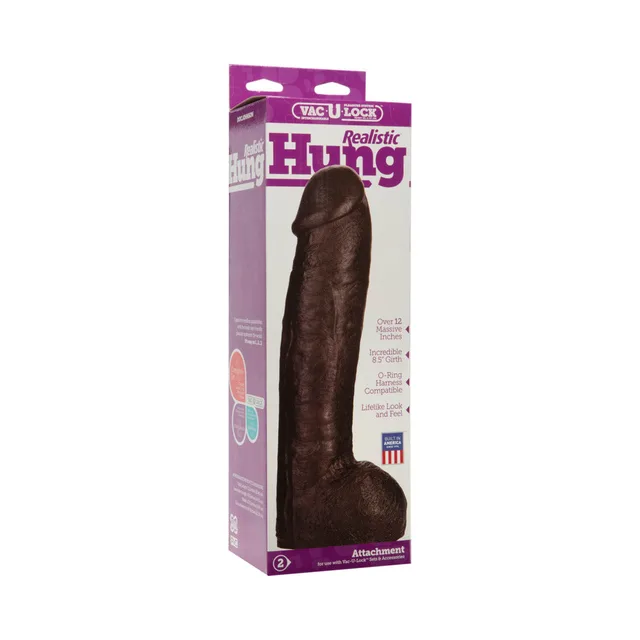 Dark Vac-U-Lock Realistic Hung attachment displayed in purple retail box