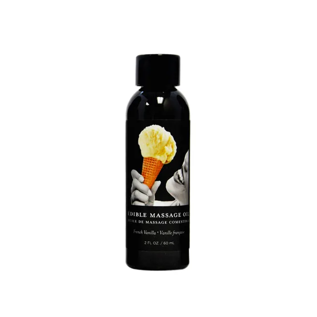 Earthly Body Vanilla Edible Massage Oil black 2 oz bottle with vanilla flower label