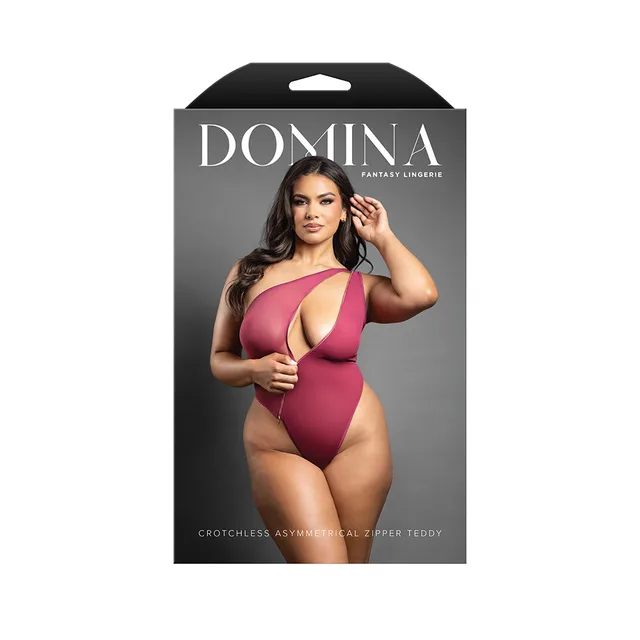 Domina package showing berry one-shoulder zipper teddy in Queen size
