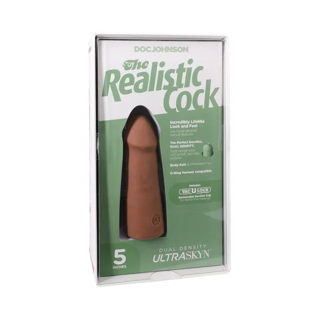 5-inch caramel Realistic Cock ULTRASKYN dildo inside green window package