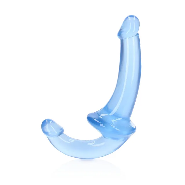 Side view of translucent blue curved strapless dildo