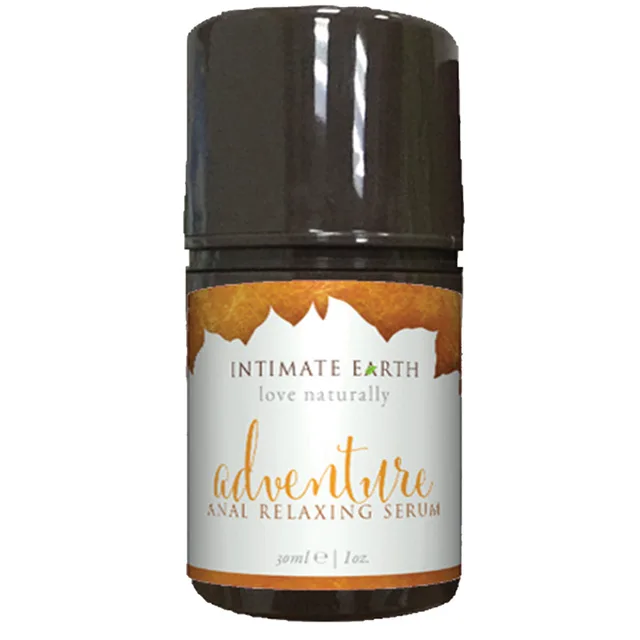 Intimate Earth Adventure Anal Gel dark 1 oz roll-on bottle with amber white label