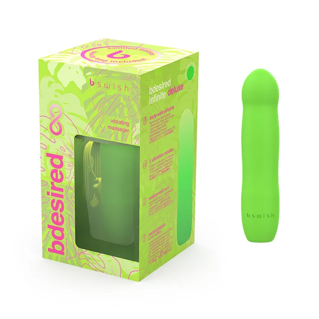 Paradise Green B Swish Bdesired Infinite Deluxe LE massager beside patterned green box