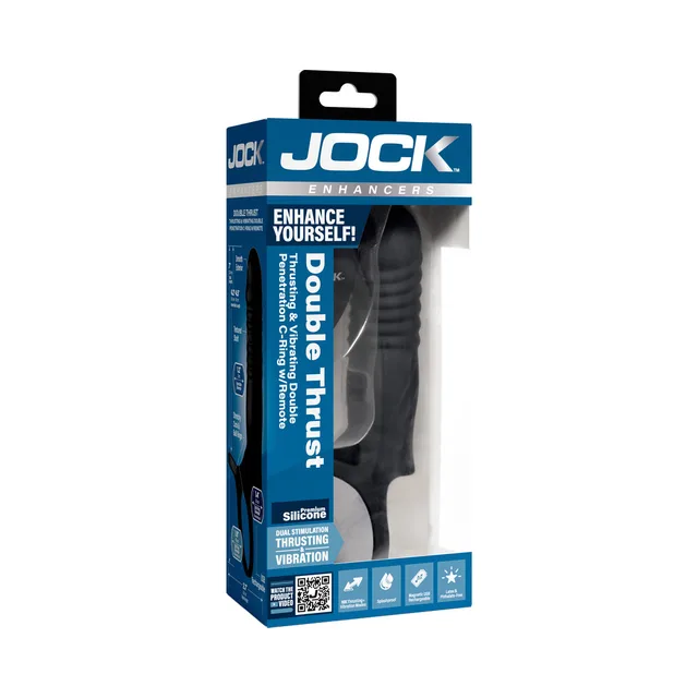 JOCK Enhancers Double Thrust black remote C-ring toy displayed in a blue window retail box