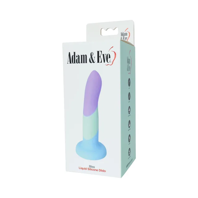 Adam and Eve Bliss liquid silicone dildo displayed in white retail packaging
