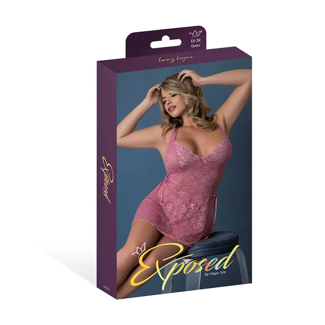 Magic Silk Wisteria Mist pink lace halter babydoll size Queen displayed in purple retail packaging