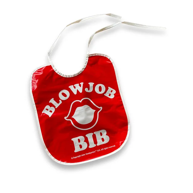 Red Blow Job Bib with white trim, neck ties and lip graphic