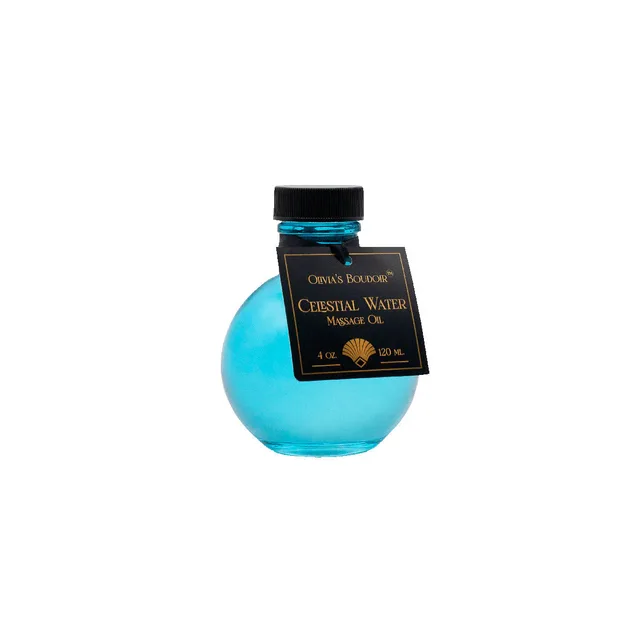 round blue 4 oz bottle of Olivia's Boudoir Celestial Water massage oil