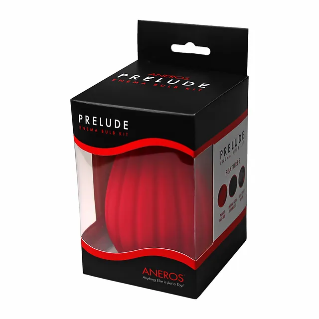 Aneros Prelude red enema bulb in black retail box
