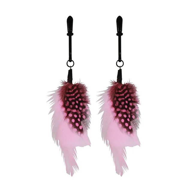 pair of black nipple clamps with layered pink and black spotted feather plumes