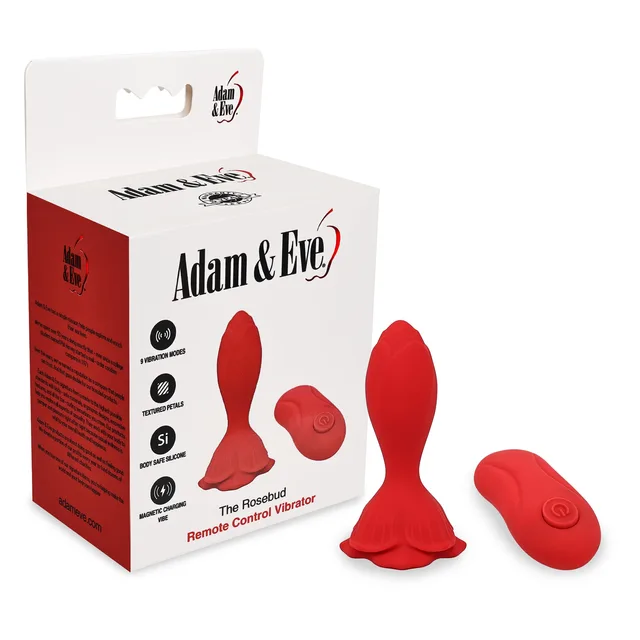 Adam and Eve Rosebud red plug beside remote and white retail box