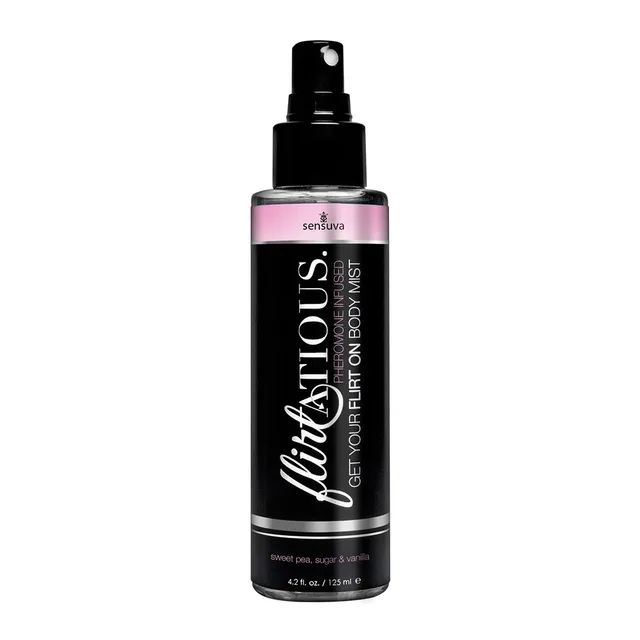 Sensuva Flirtatious Sweet Pea body mist 4.2 oz black pump bottle black pump bottle with clear cap and pink label accents