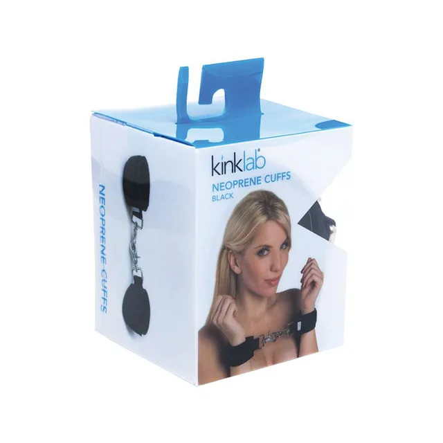 Kinklab black neoprene cuffs in blue and white retail box