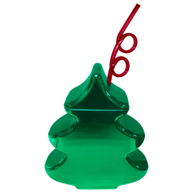 green plastic Christmas tree-shaped cup with tall red curly straw