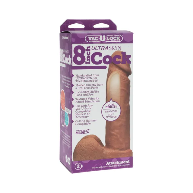 Brown eight-inch Vac-U-Lock ULTRASKYN dildo beside package