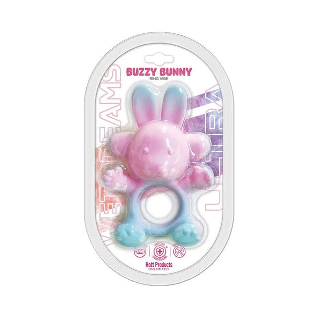 Pink Wet Dreams Buzzy Bunny ring vibrator in clear oval case