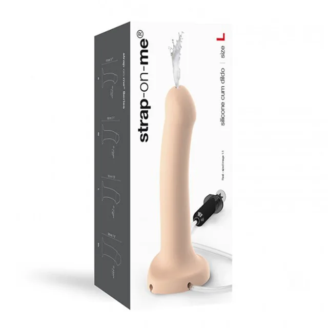 Large vanilla Strap-On-Me silicone cum dildo with tubing and box